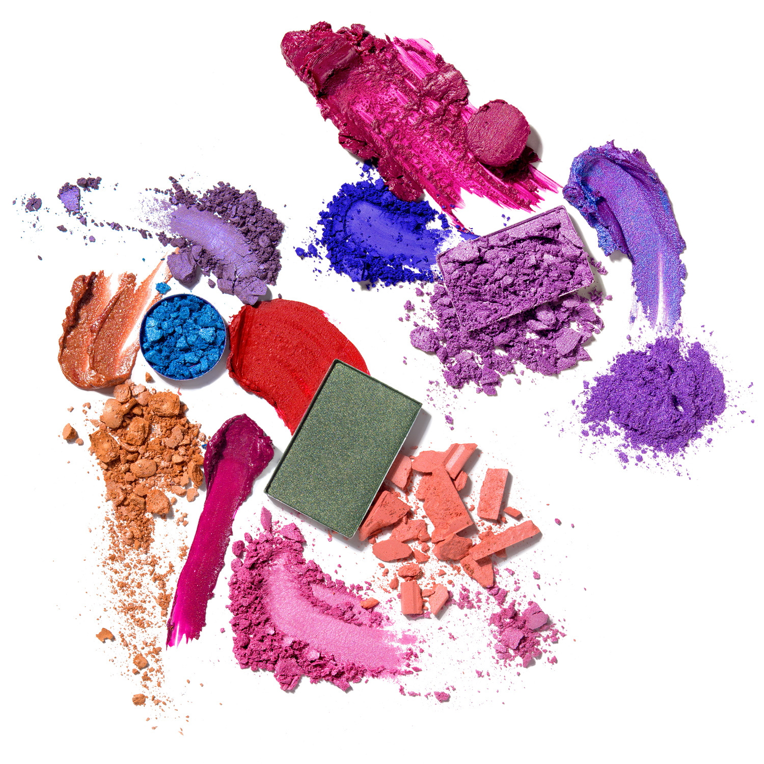 Creative concept photo of cosmetics swatches beauty products lipstick square and round eyeshadow on white background.