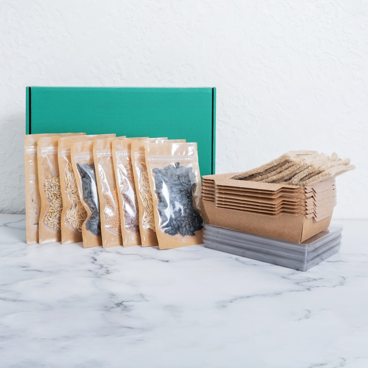 Set/sachets for growing sprouts from seeds. Seeds, linen mats, boxes and lids.